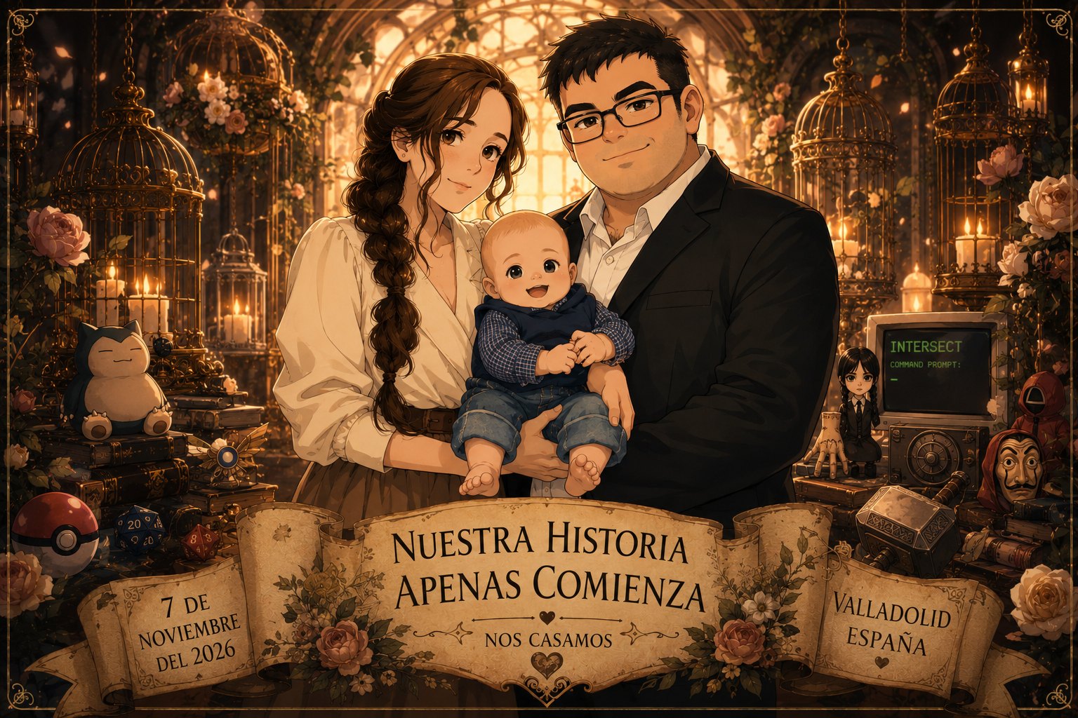 Ilustraci&oacute;n de Nacho, Cristina y su hijo para la boda